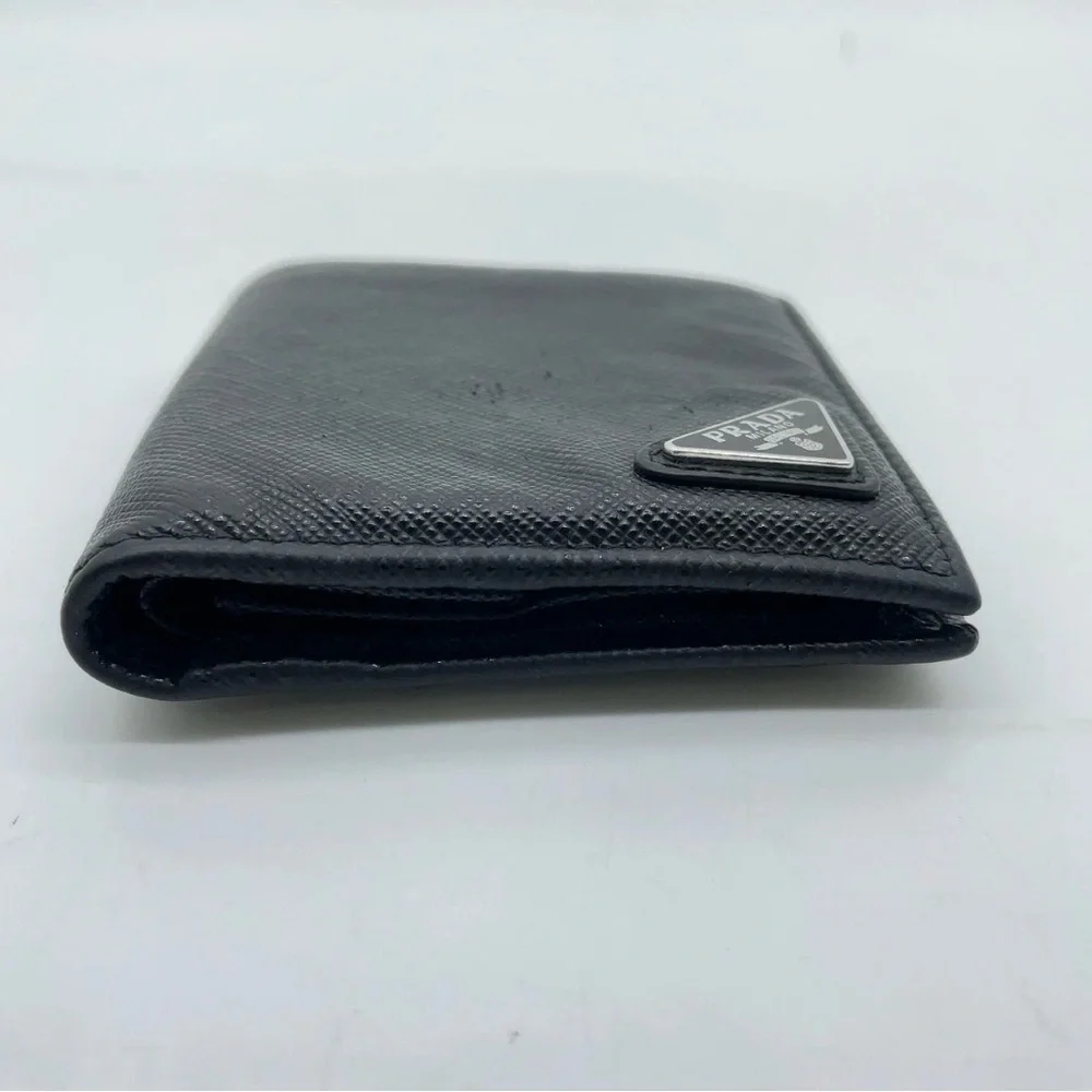 Prada Triangle Logo Saffiano Leather Black Bifold Wallet W/Box Authentic